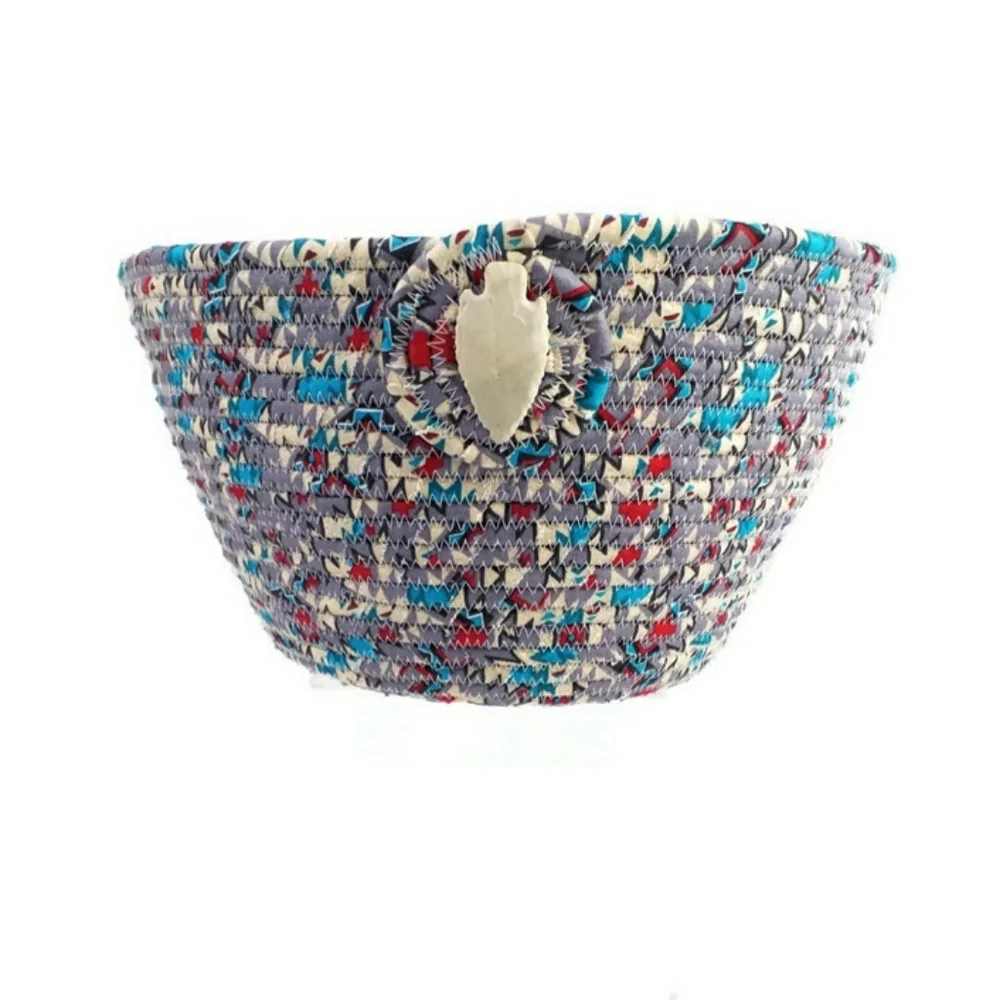 Handcrafted Southwest Fabric Wrapped Rope Bowl Multicolor Arrowhead Boho Decor